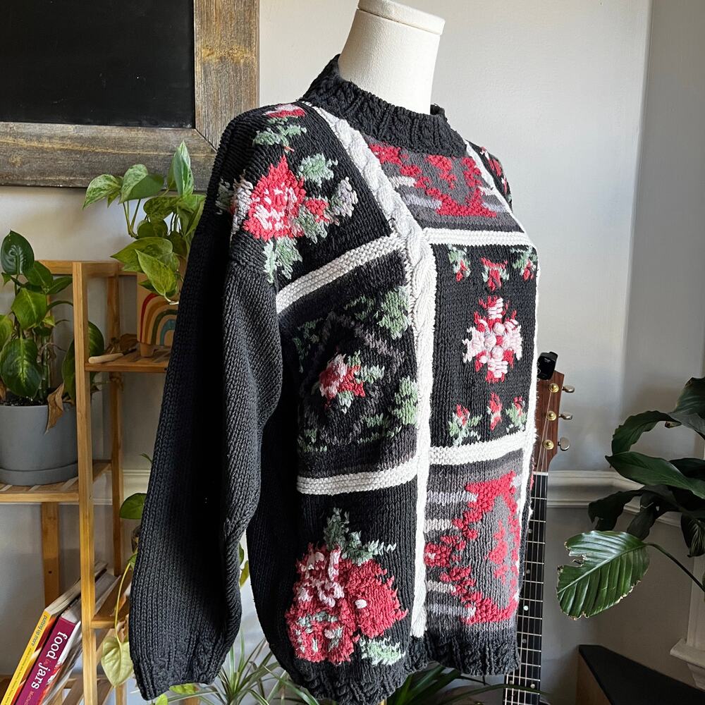 Vintage 90s Cotton Sweater Black Floral Cottagecore Chunkyknit Size Large